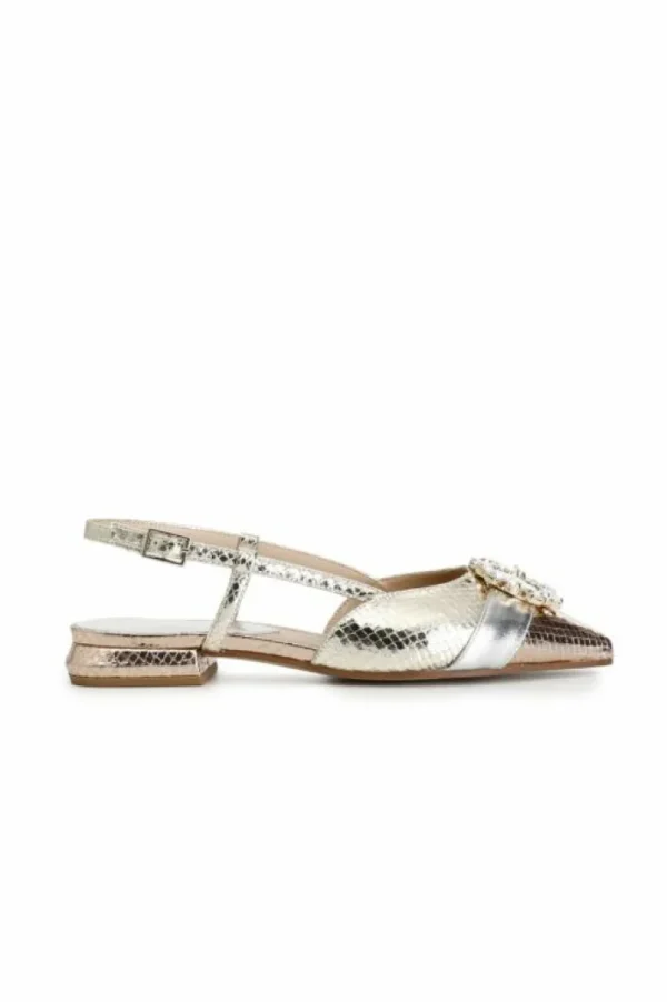 CafèNoir ballerine aperte dietro in stampa laminata effetto viperina con fibbia in strass multi platino