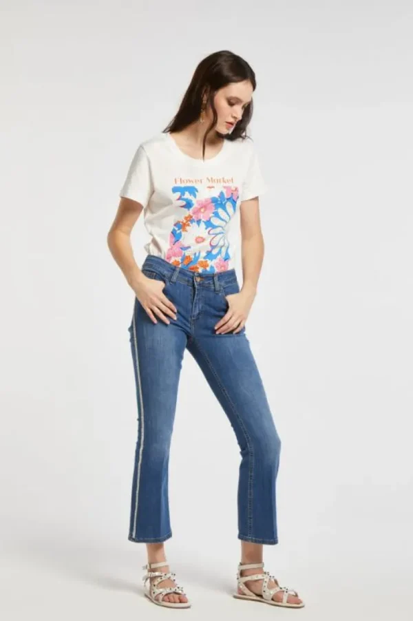 CafèNoir jeans cropped flare in tela superstretch con strass blu medio