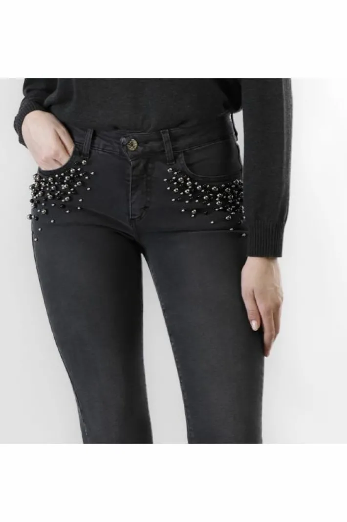 CafèNoir jeans denim cropped flare con perle alle tasche