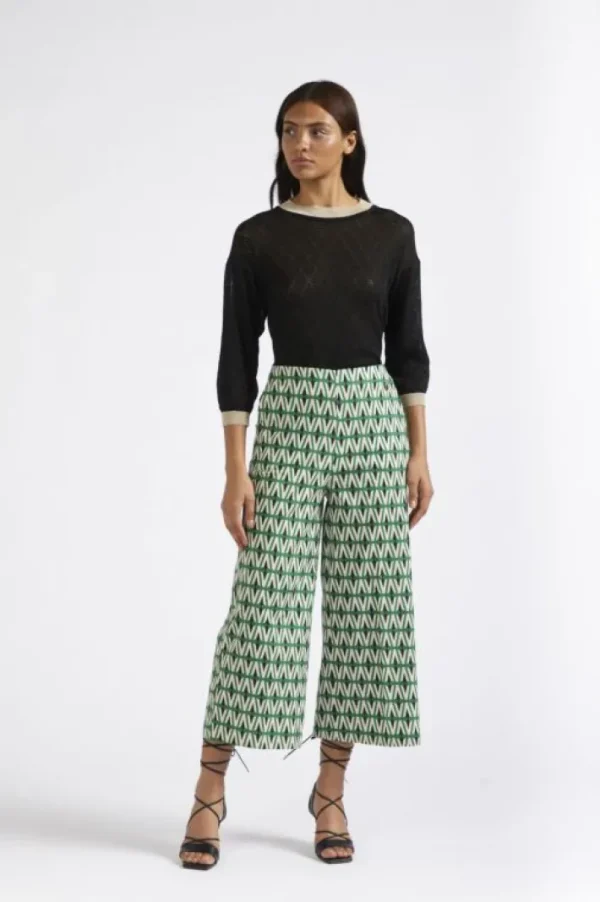 CafèNoir pantaloni palazzo cropped in popeline stampato rombo multiverde
