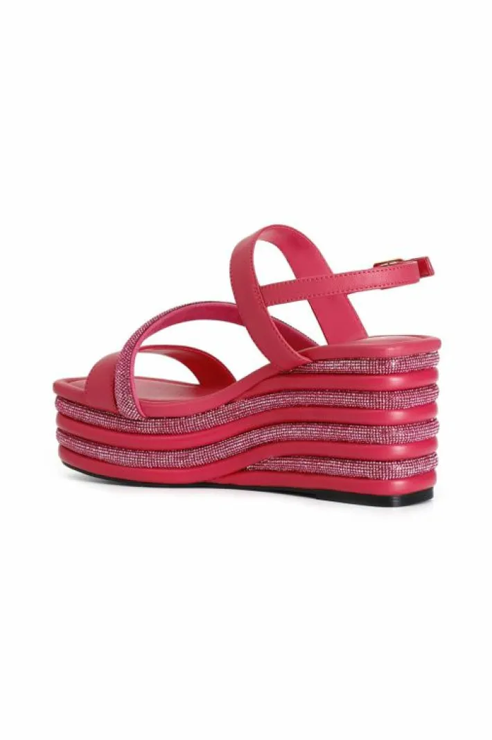 CafèNoir sandali asimmetrici strass e nappa con zeppa righe strass