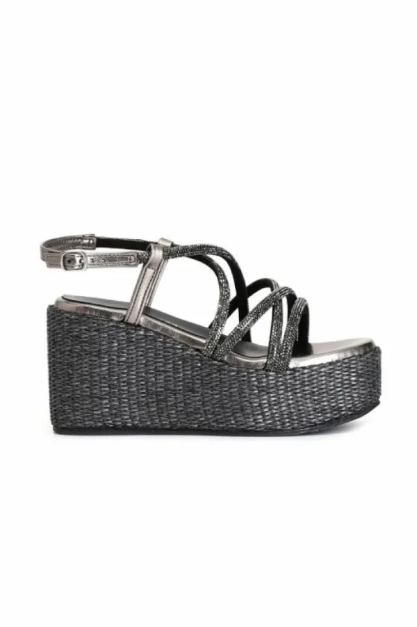 CafèNoir sandali con fasce incrocio strass su zeppa in rafia