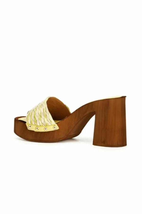 CafèNoir zoccoli con tacco in legno e fascia decorativa in rafia intrecciata bicolore multi giallo